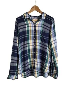 SO Blue Green White Yellow Plaid Pattern Button Down Soft Flannel Size Large